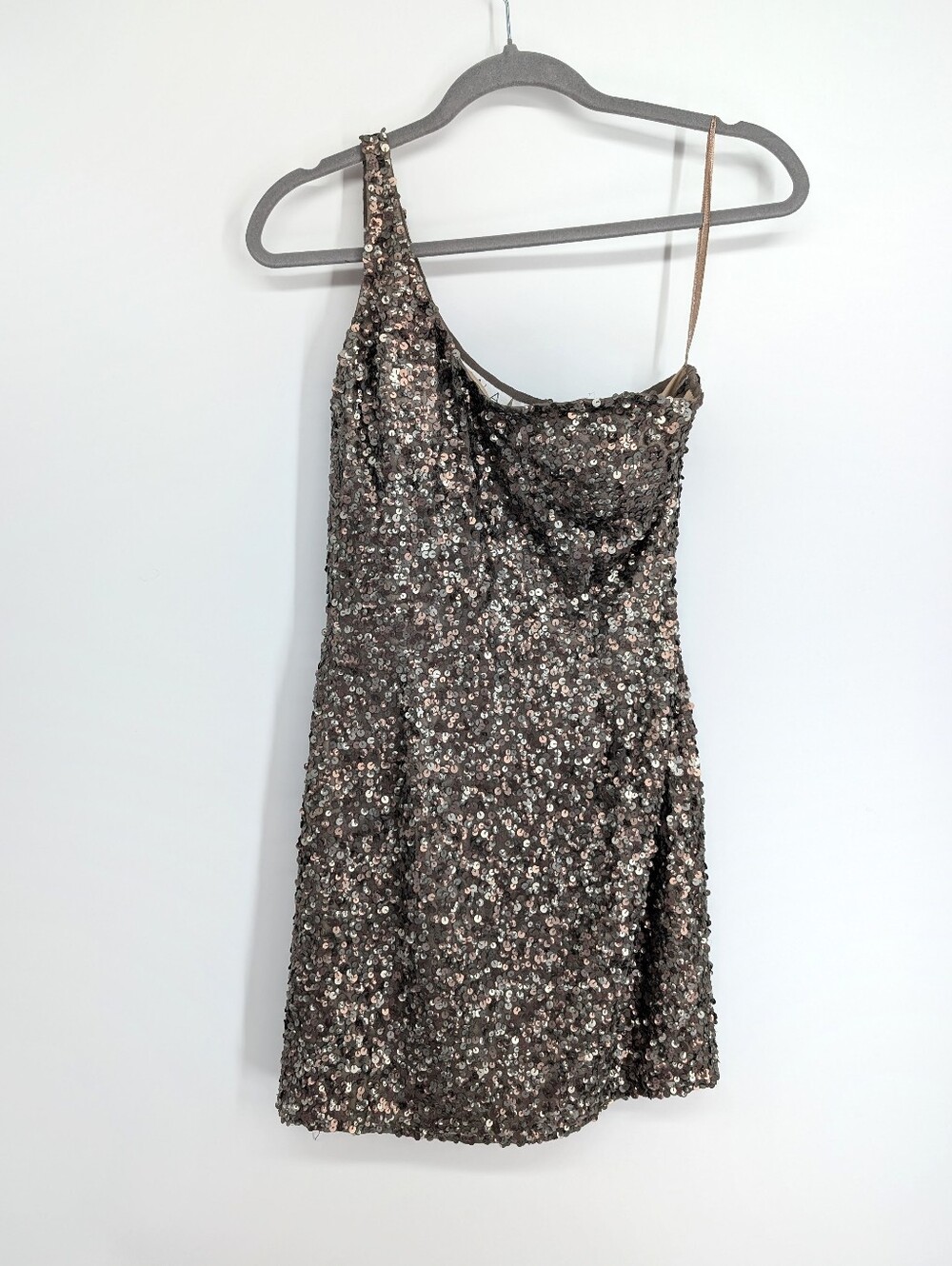 Scala One Shoulder Silk Sequins Mini Dress Cocktail Party Pewter Bronze 6